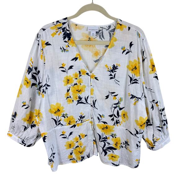 Liz Claiborne Yellow White Floral Print V-Neck 3/4 Sleeve Light Button Up Sz XXL - Picture 1 of 6